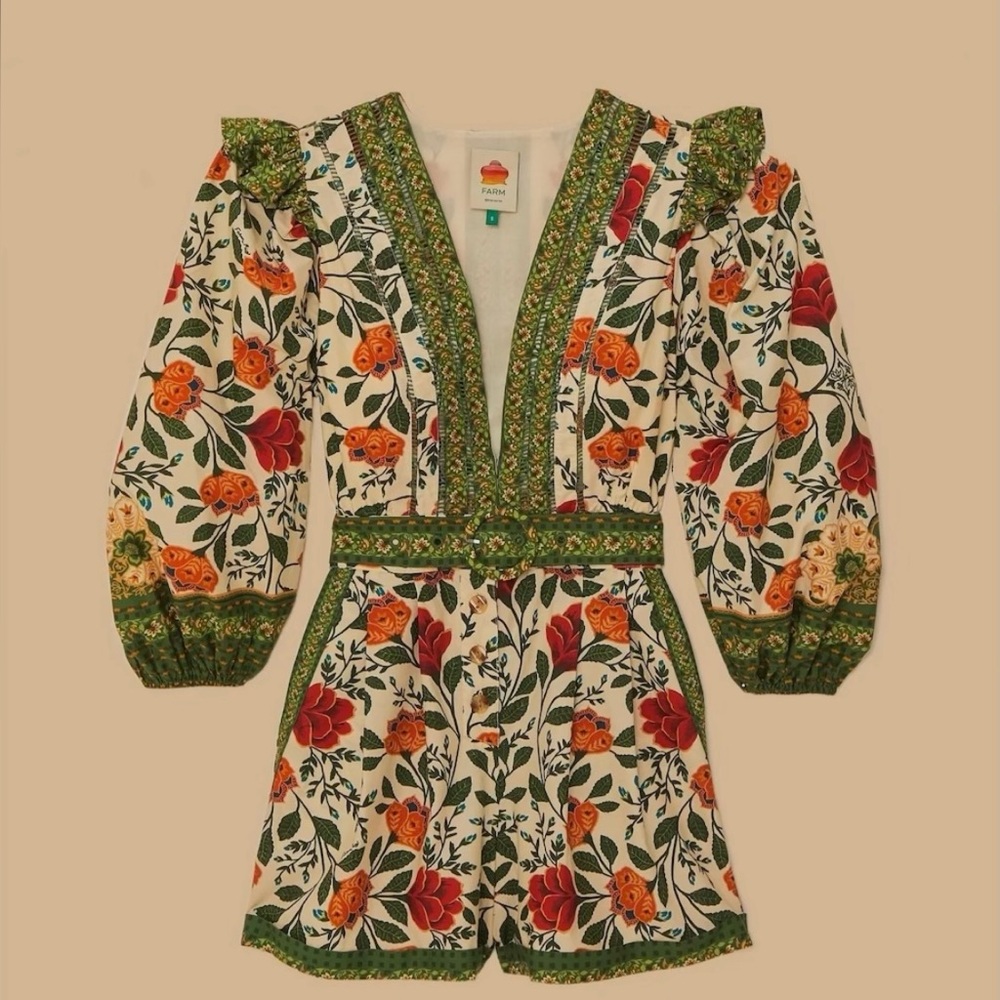 FARM Rio Multicolor Floral Romper in “Sand Garden”